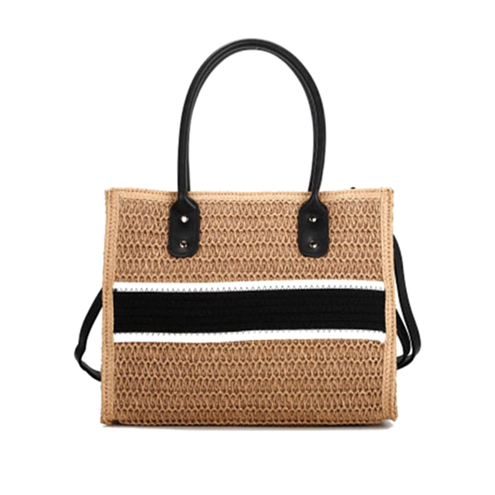 T3280 BK FASHION STRIPE DESIGN STRAW SATCHEL BAG