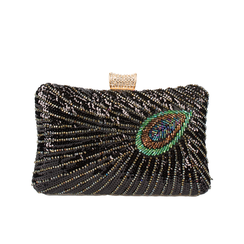 E-8231 BK Peacock Feather Pattern Sequin Beaded Hard Compact Box Clutch Bag