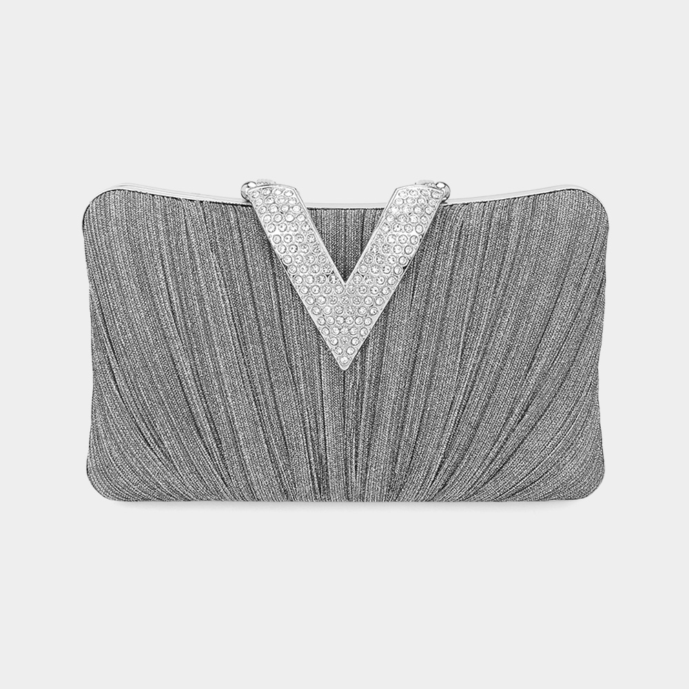 LA03860A GY Sparkle Fabric Stone Paved V Fold Clutch
