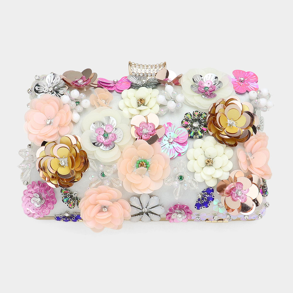 LA1998-SILVER Sequin Flower Embellilshed Clutch / Evening Bag