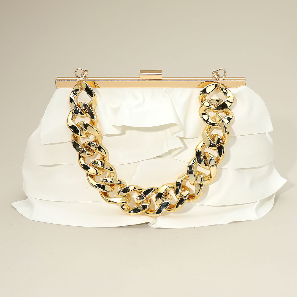 LA8310 WT Faux Leather Layered Ruffle Chunky Chain Strap Handle Evening Clutch Bag / Crossbody Bag