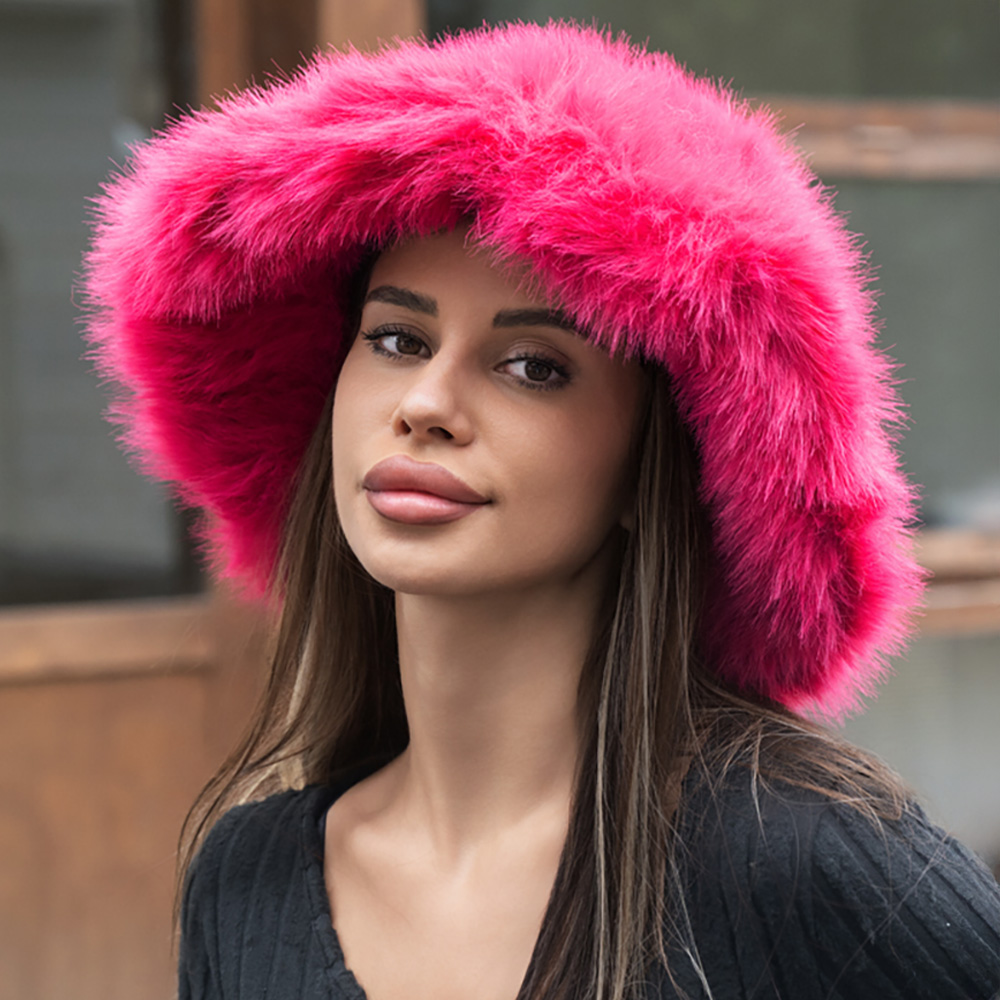 H3504 HPK Wide Brim Faux Fur Winter Bucket Hat