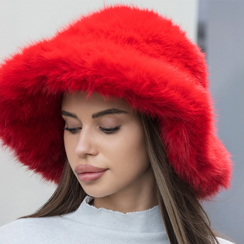 H3504 RD Wide Brim Faux Fur Winter Bucket Hat