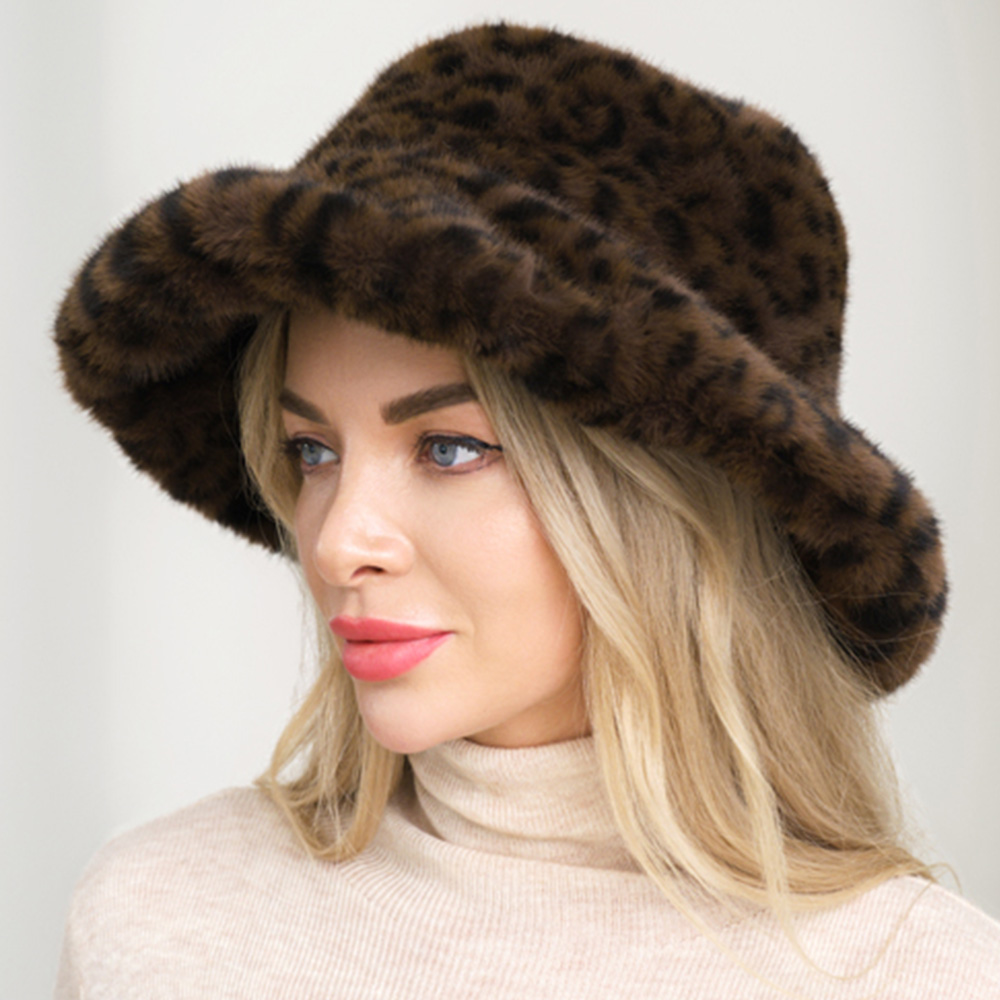H3505 BR Soft Plush Faux Fur Leopard Print Winter Bucket Hat
