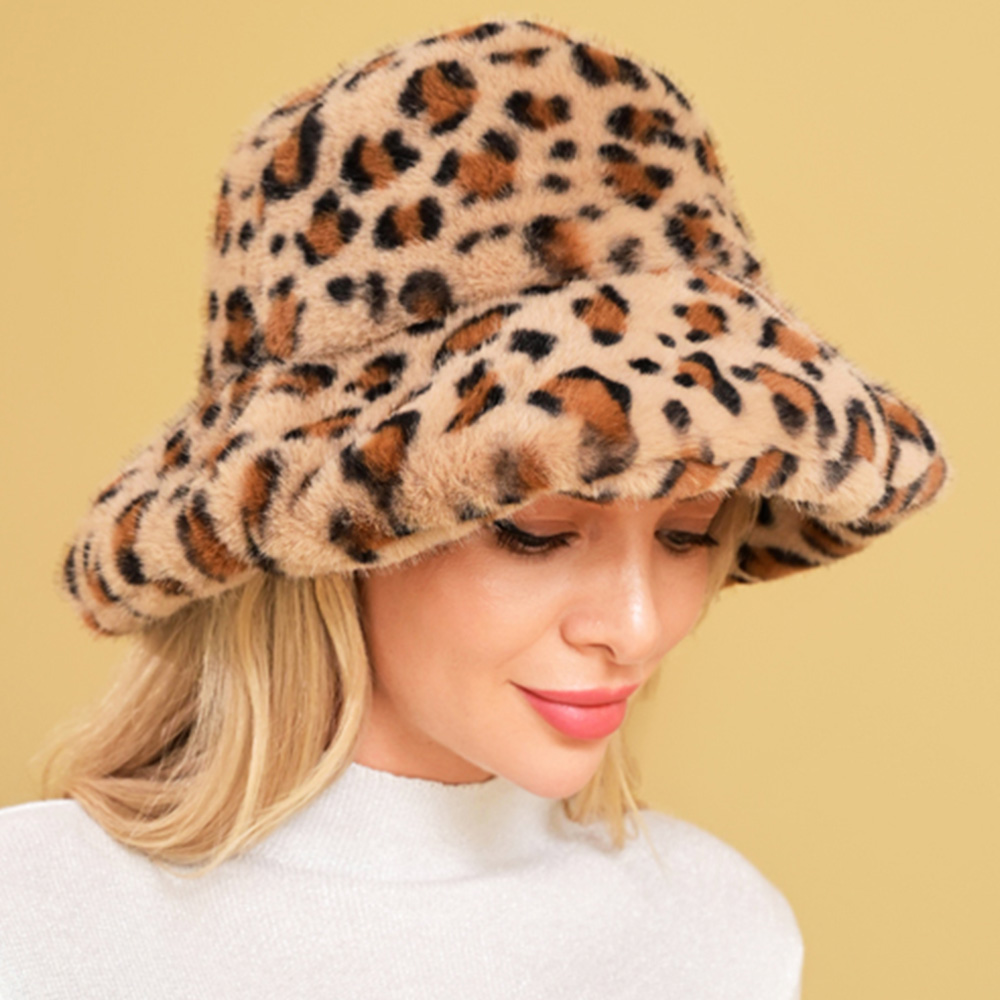 H3505 TN Soft Plush Faux Fur Leopard Print Winter Bucket Hat