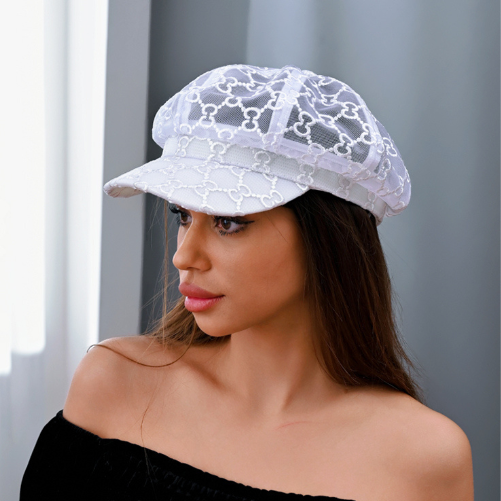 H3474-IVORY Lace Gauze Solid Newsboy Hat