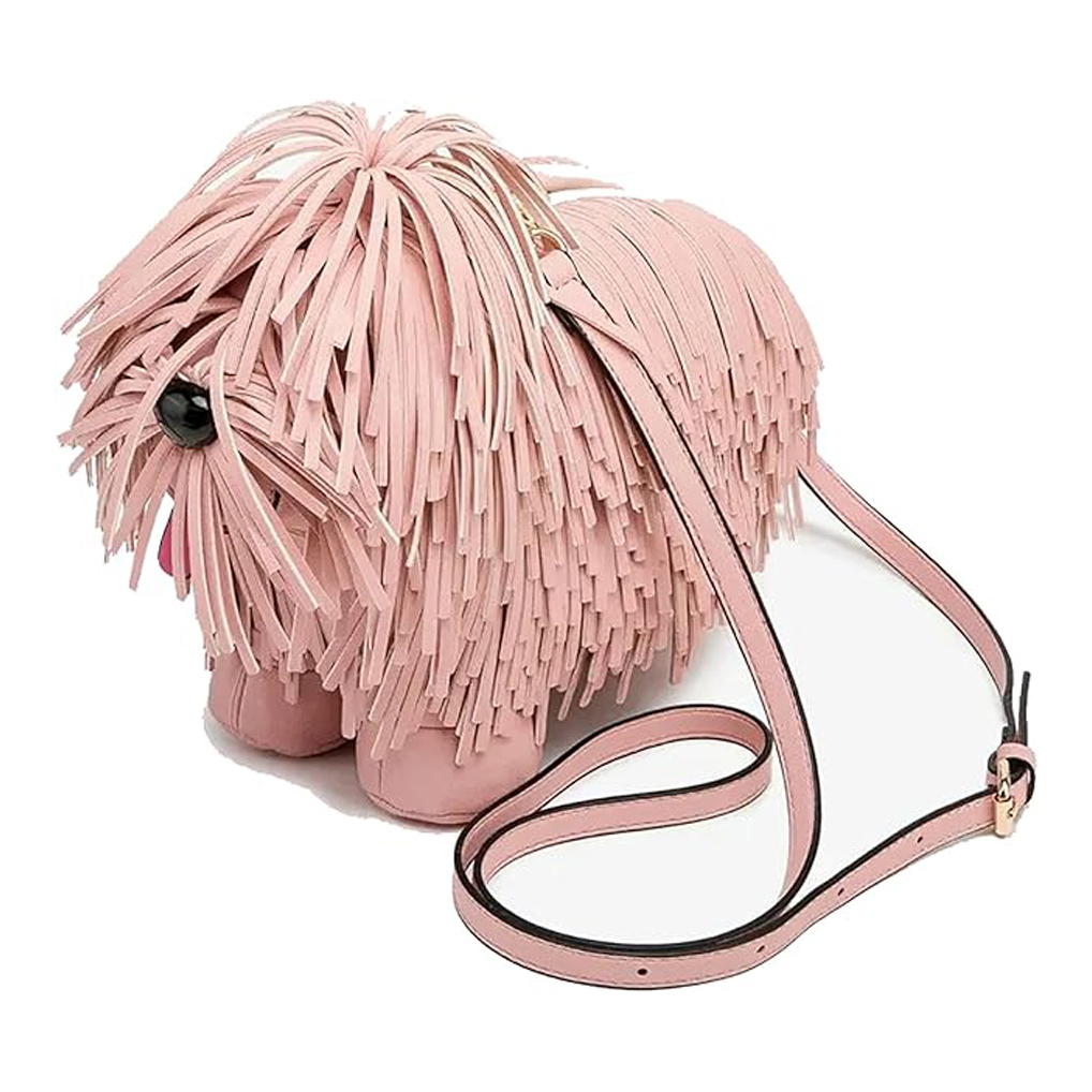 LA2309-PINK Faux Leather Fringe Dog Crossbody Handbag