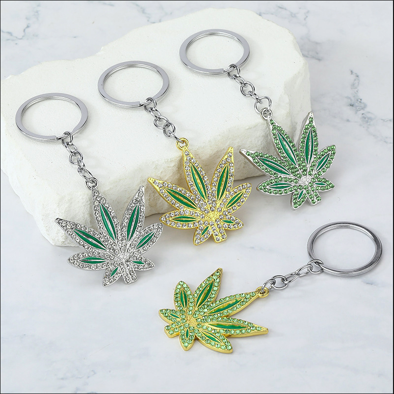JK-50393 GS (12PCS) Rhinestones Hiphop Hemp Leaf Pendant Keychain